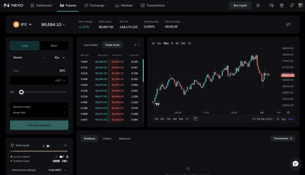 Nexo Futures trading dashboard showing interface layout with charts and order panel.